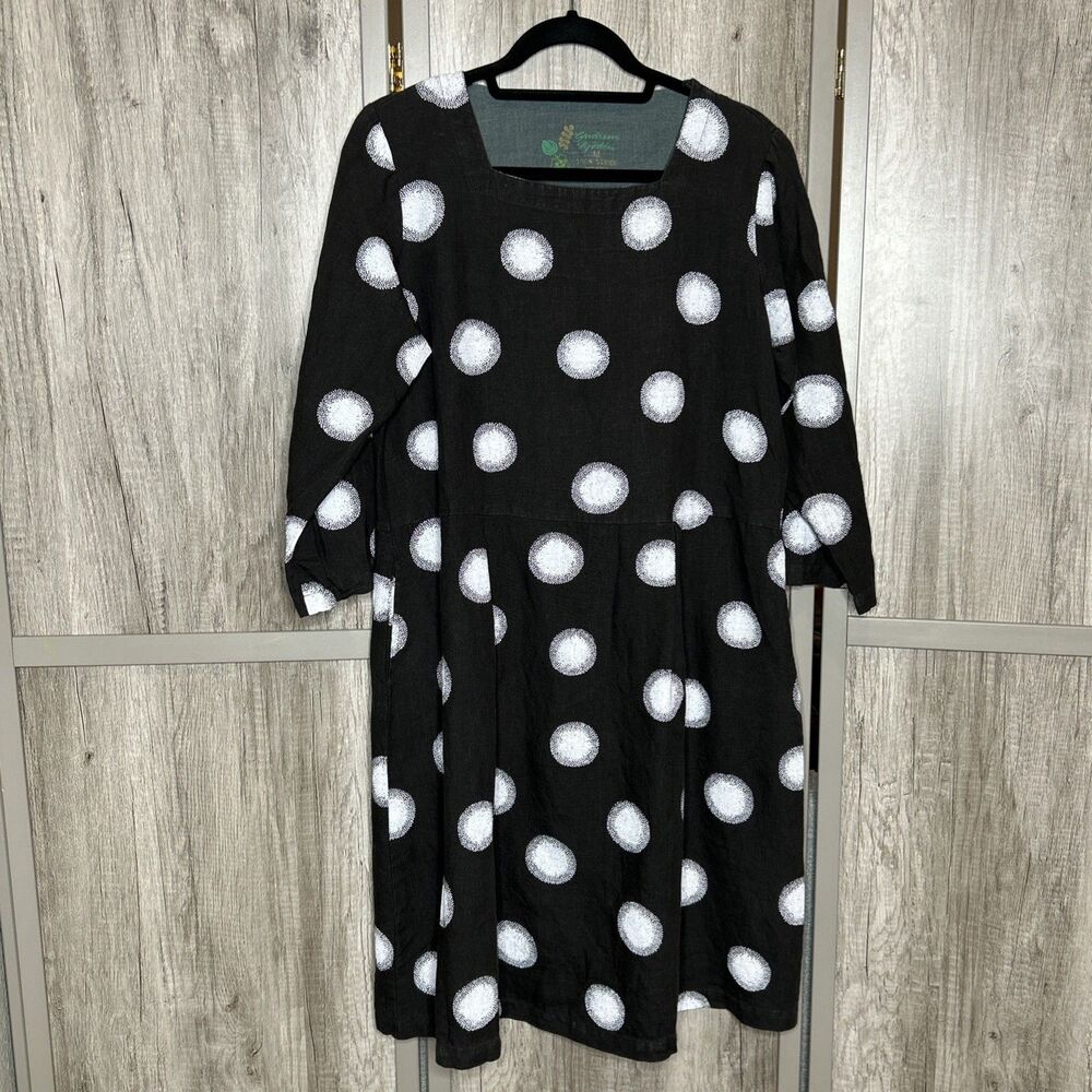 Gudrun Sjoden Linen Dress Lagenlook Boho Artsy Large Polka Dots Pockets Size M